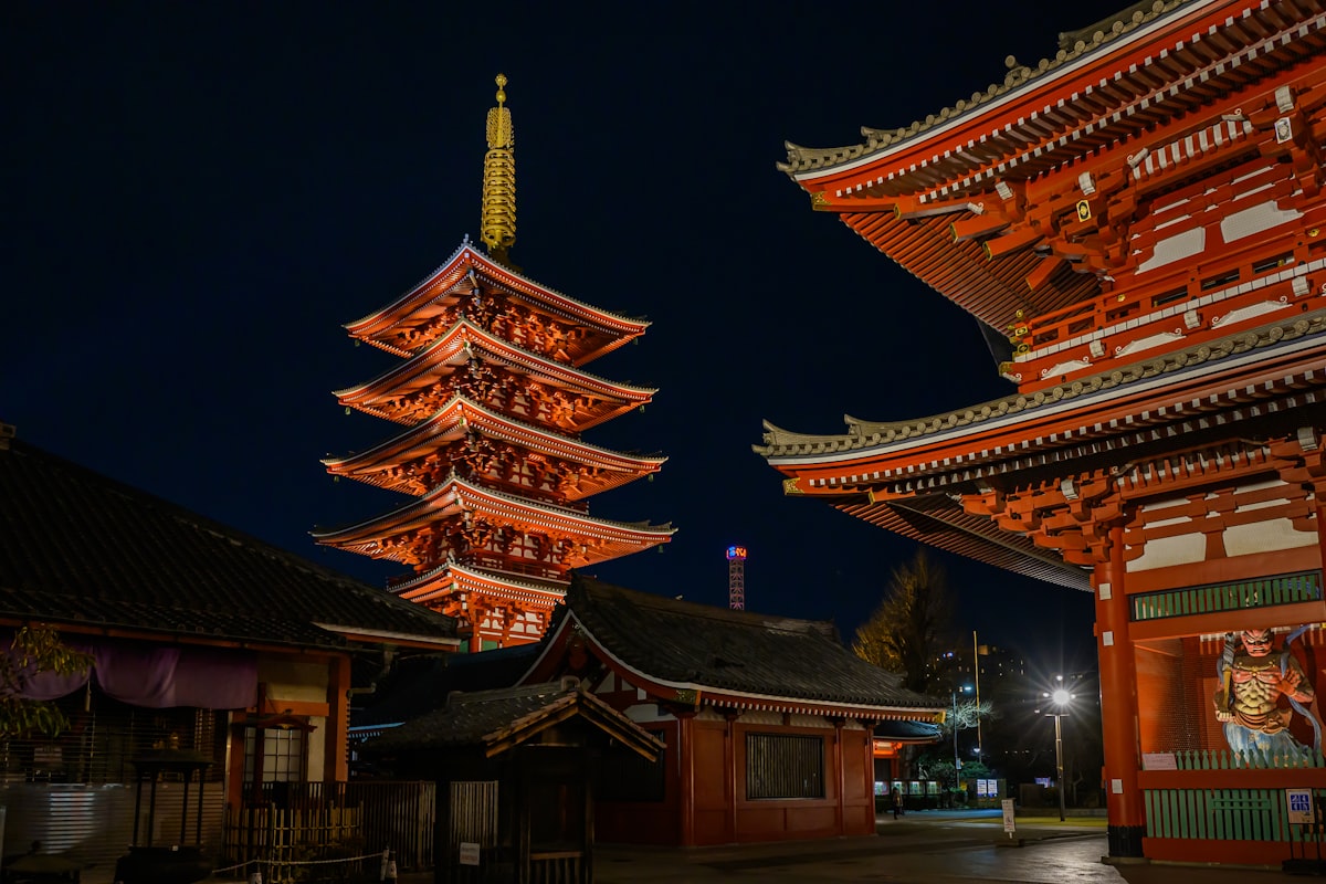 Sensoji temple illuminated at night in Asakusa Tokyo