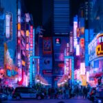 Neon-lit street in Shinjuku Tokyo at night