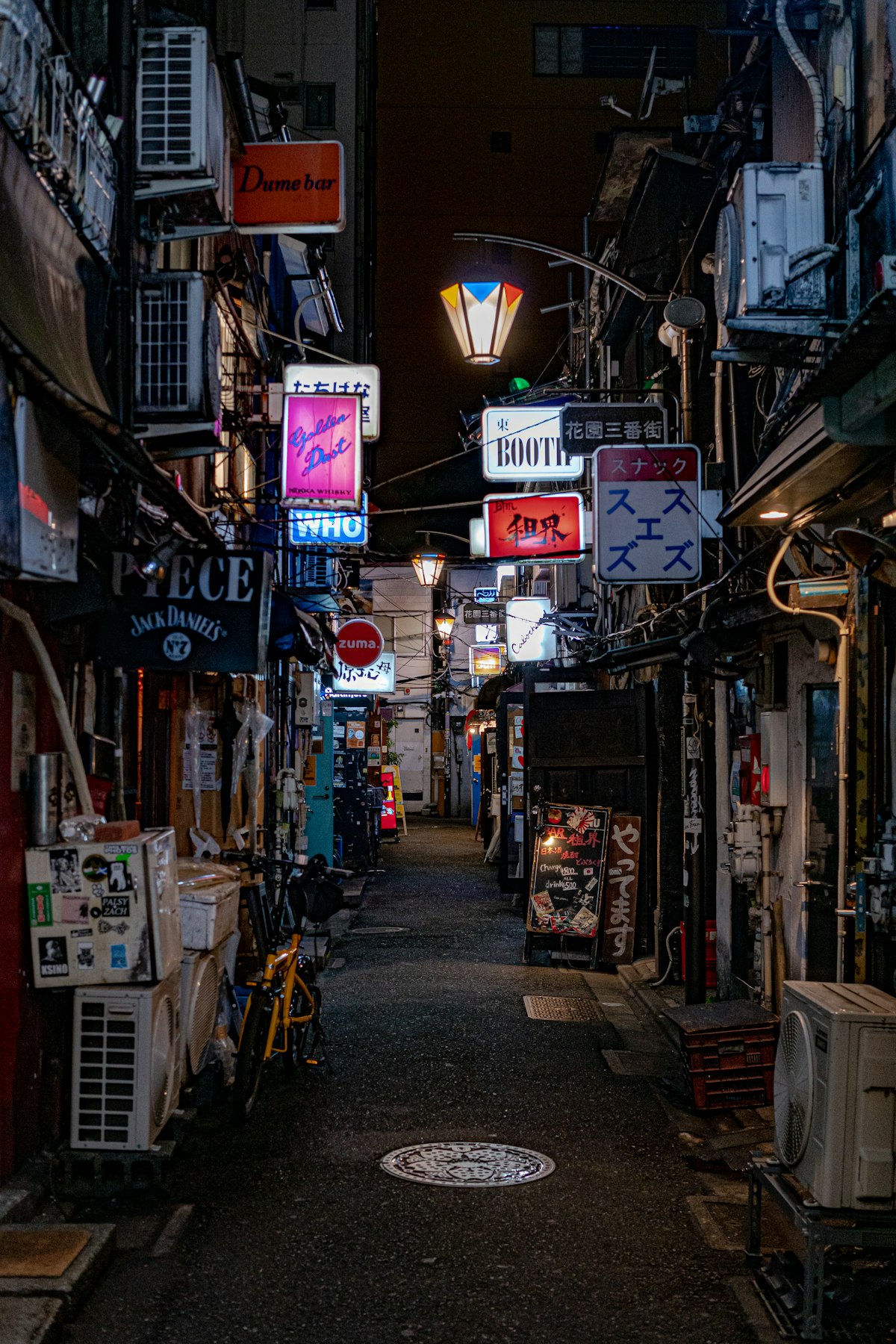 Narrow Shinjuku Golden Gai alley lit by small bar signs at night