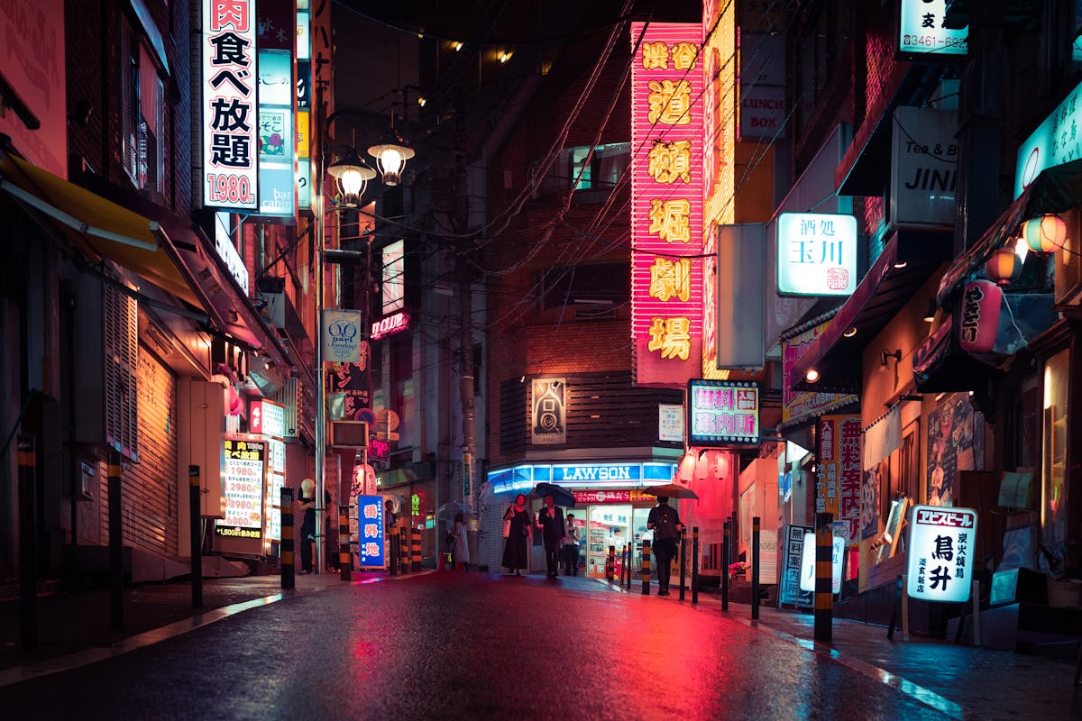 Atmospheric street scene in Tokyo Japan at night