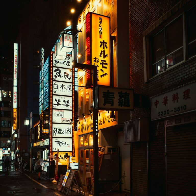Neon signs illuminate a Shinjuku street in Tokyo at night