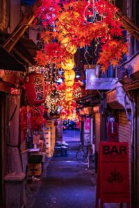 Lantern-lit Omoide Yokocho alley in Shinjuku at night
