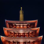 Senso-ji Temple and its five-story pagoda illuminated in red and gold against a black night sky in Asakusa