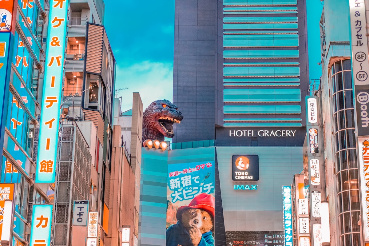The 12-meter Godzilla Head towering over the Toho building in Shinjuku