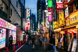 Neon-lit street in Kabukicho, Shinjuku, where a large share of Tokyo's girls bars are concentrated