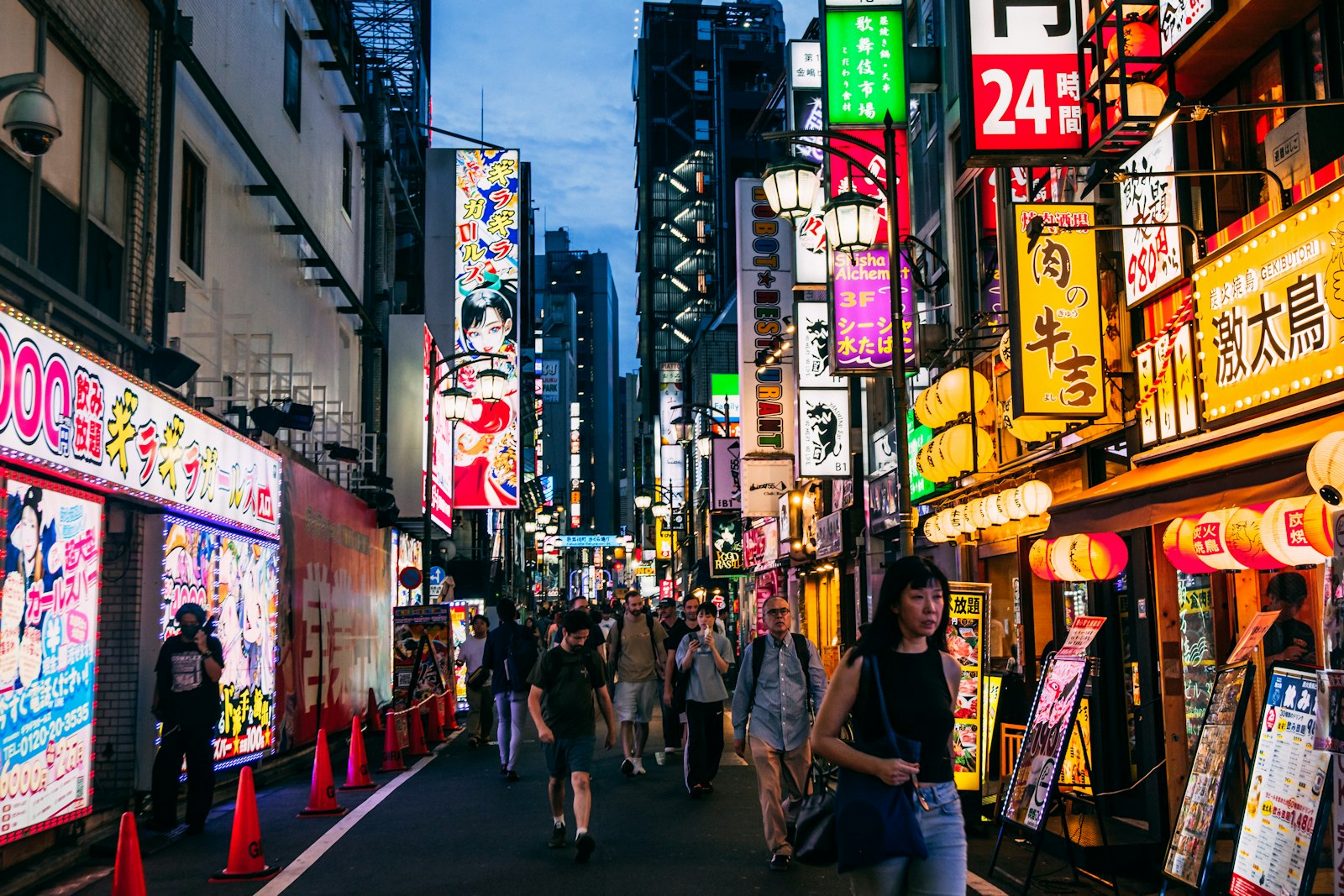 Neon-lit street in Kabukicho, Shinjuku, where a large share of Tokyo's girls bars are concentrated