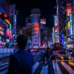 Neon-lit Shibuya street at night, the starting point for a night at the best clubs in Tokyo