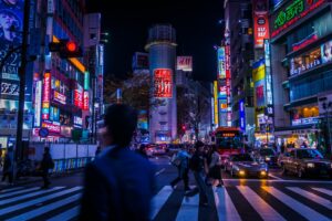 Neon-lit Shibuya street at night, the starting point for a night at the best clubs in Tokyo