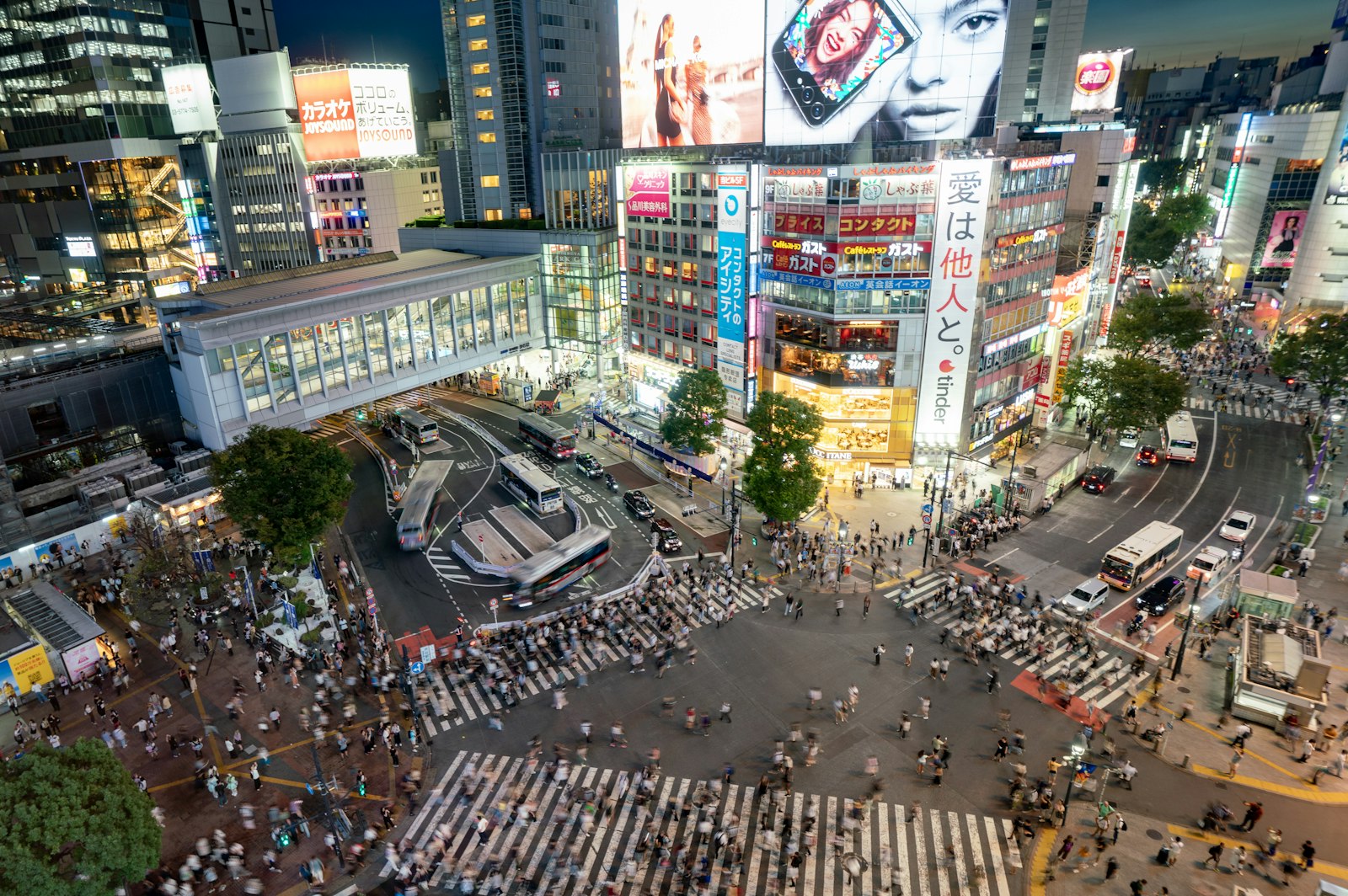 Shibuya Scramble Crossing lit by neon at night, a hub of Tokyo nightlife