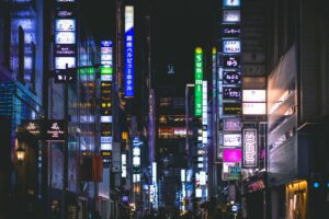 Neon-lit Kabukicho street at night, home to many of Tokyo's hostess clubs