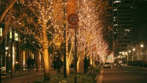 A tree-lined Tokyo street glowing with Christmas lights, one of the classic Christmas Eve Tokyo night spots