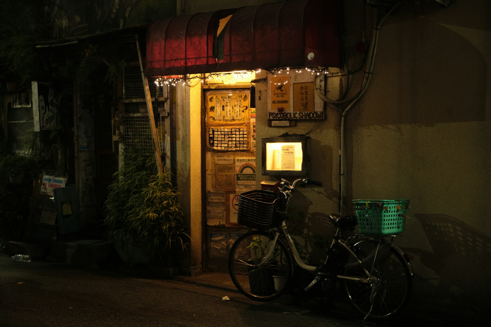 Narrow alley in Shinjuku Golden Gai lined with stacked signs for tiny two-story bars
