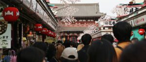 Red lanterns and street-side seating along Hoppy Street in Asakusa, Tokyo