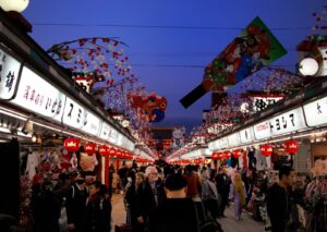 Lantern-lit street in Asakusa at night, the neighborhood of Tokyo's ninja bar