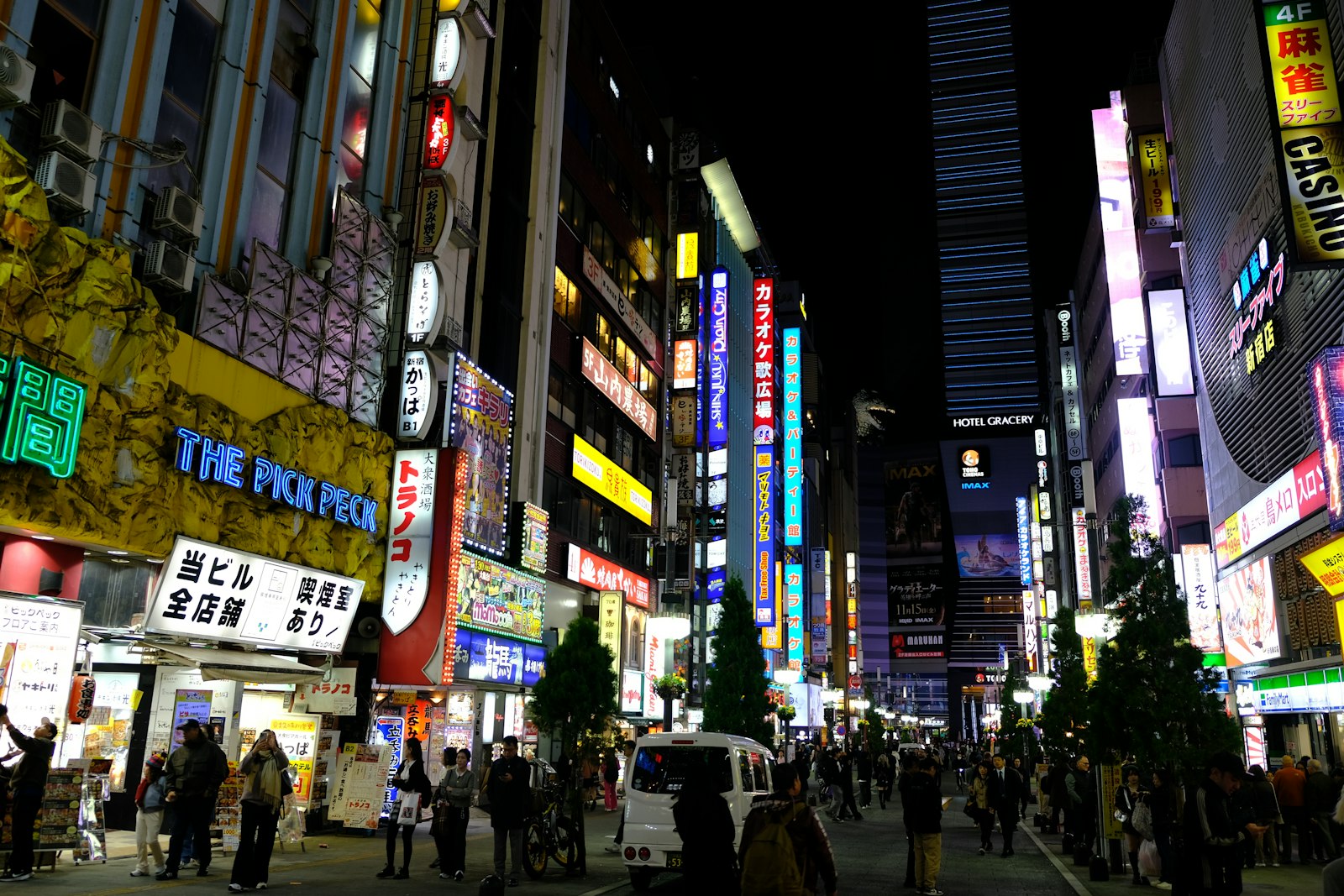 Neon signs in Kabukicho, Shinjuku, where a live ninja show runs in Tokyo