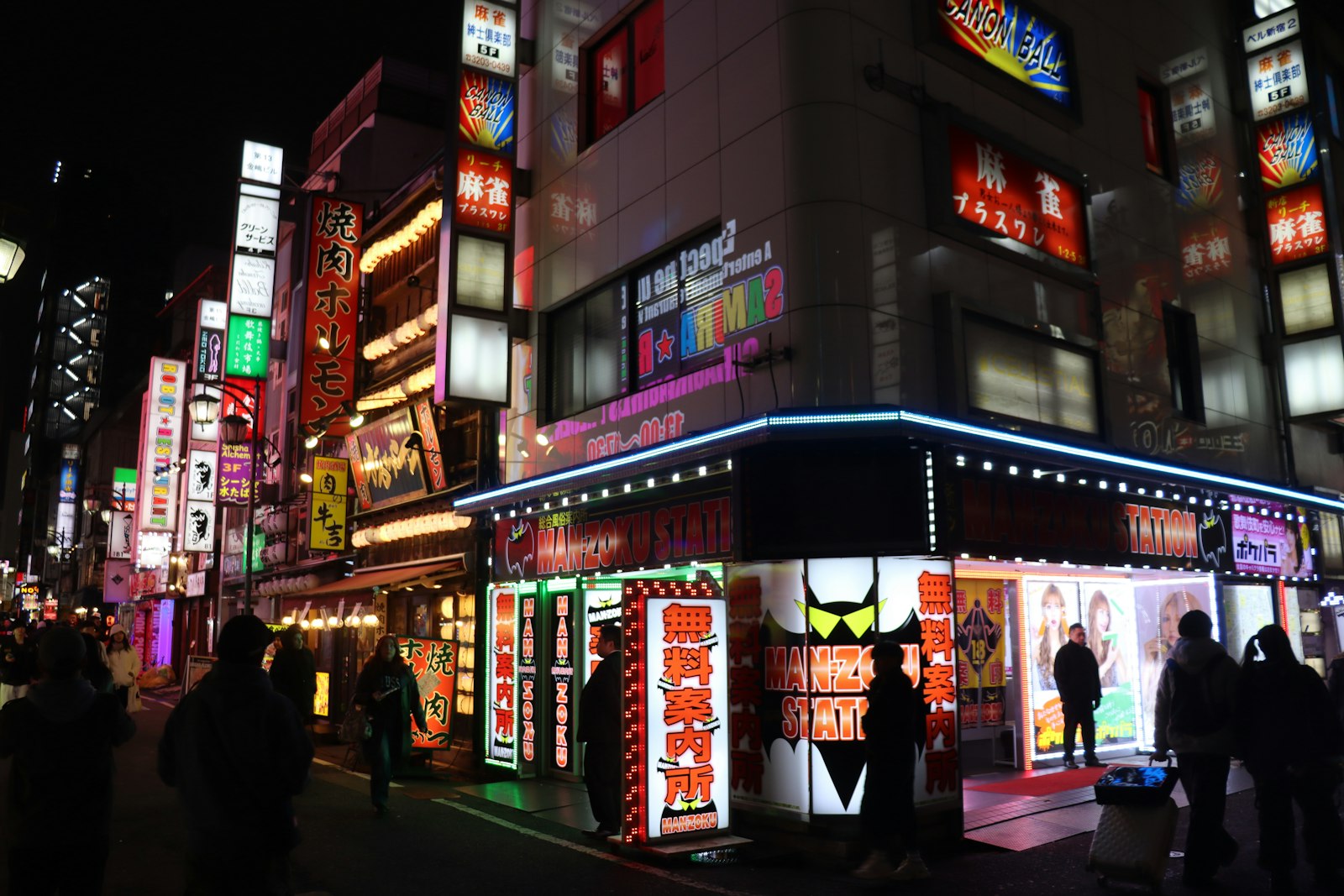 Neon signs of Kabukicho in Shinjuku at night, where many of Tokyo's late-night concept cafes are found