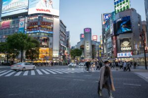 Shibuya crossing lit up at night, the starting point for clubbing in Tokyo