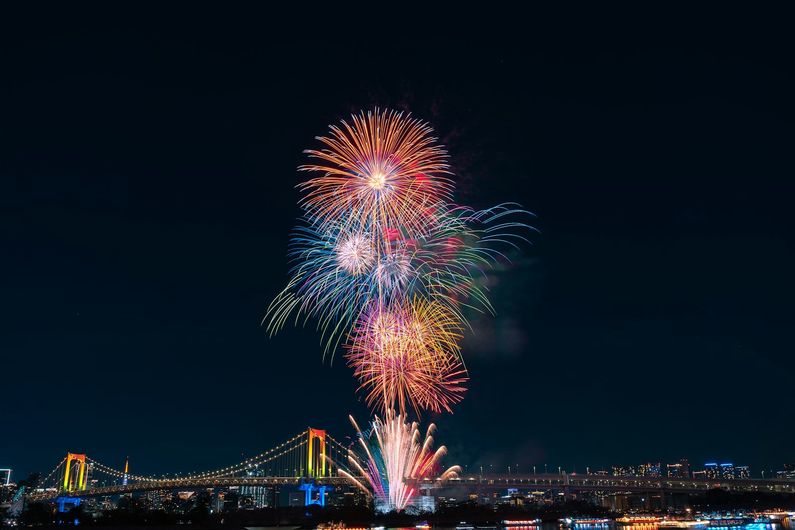Fireworks over the Sumida River during a summer festival, a highlight of Tokyo nightlife in summer