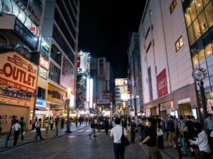 Akihabara Electric Town at night, the heart of the cosplay bar Tokyo scene