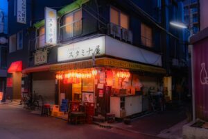 A quiet Tokyo side street at night lined with small bars, the kind of scene this Ebisu night guide covers