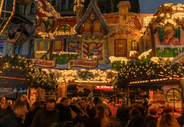 Wooden stalls and string lights at an evening Christmas market, the atmosphere of the Tokyo Christmas Market 2026