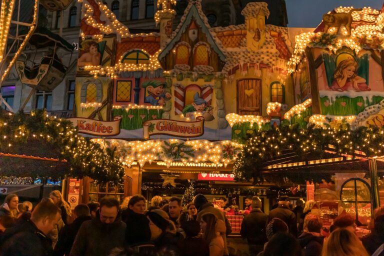Wooden stalls and string lights at an evening Christmas market, the atmosphere of the Tokyo Christmas Market 2026