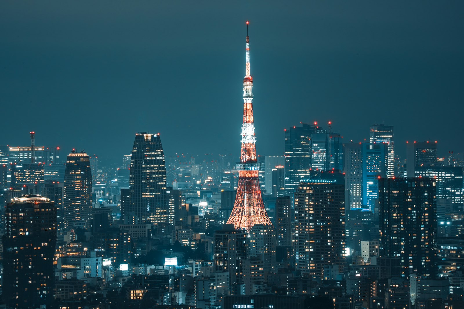 Tokyo Tower lit up on a winter night near the Shiba Park Christmas market