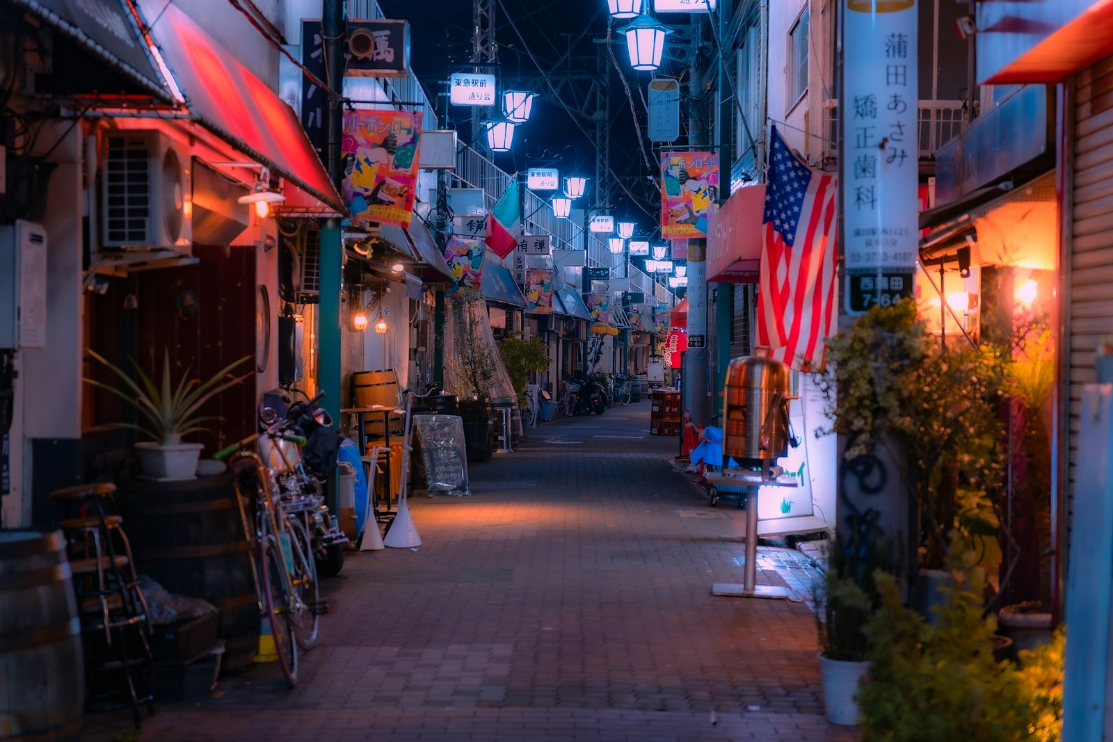 A lantern-lit Tokyo side street at night, where the evening continues after the maid cafes close