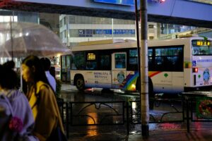 Empty Tokyo bus stop at night after the last train, illustrating the Tokyo night bus schedule