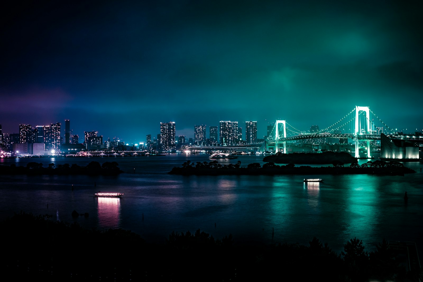 Rainbow Bridge illuminated at night, seen from a boat on Tokyo Bay