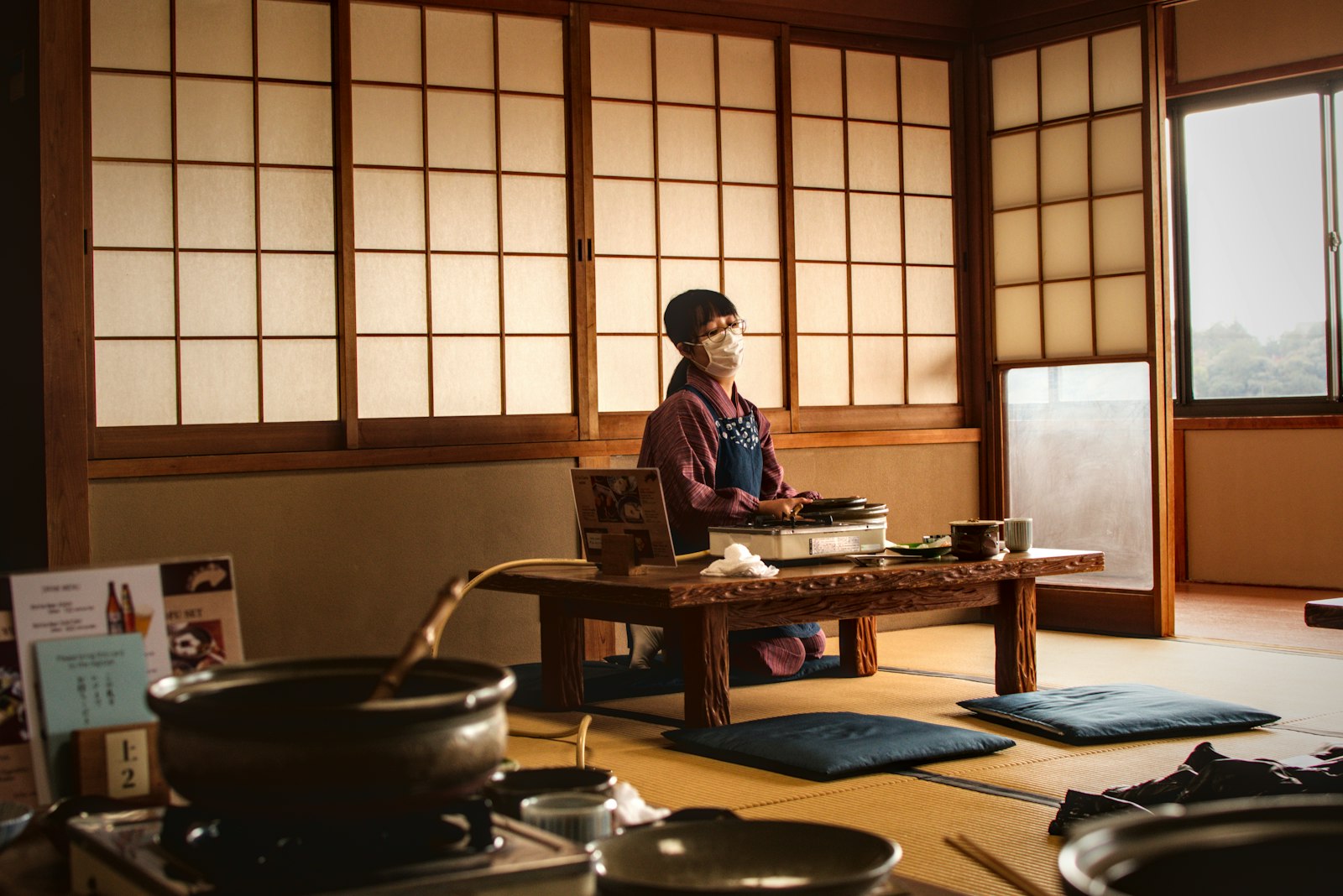 A Japanese tempura course served on a low table, like the meals served on a yakatabune dinner cruise