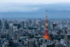Tokyo Tower at night glowing orange under its winter Landmark Light illumination