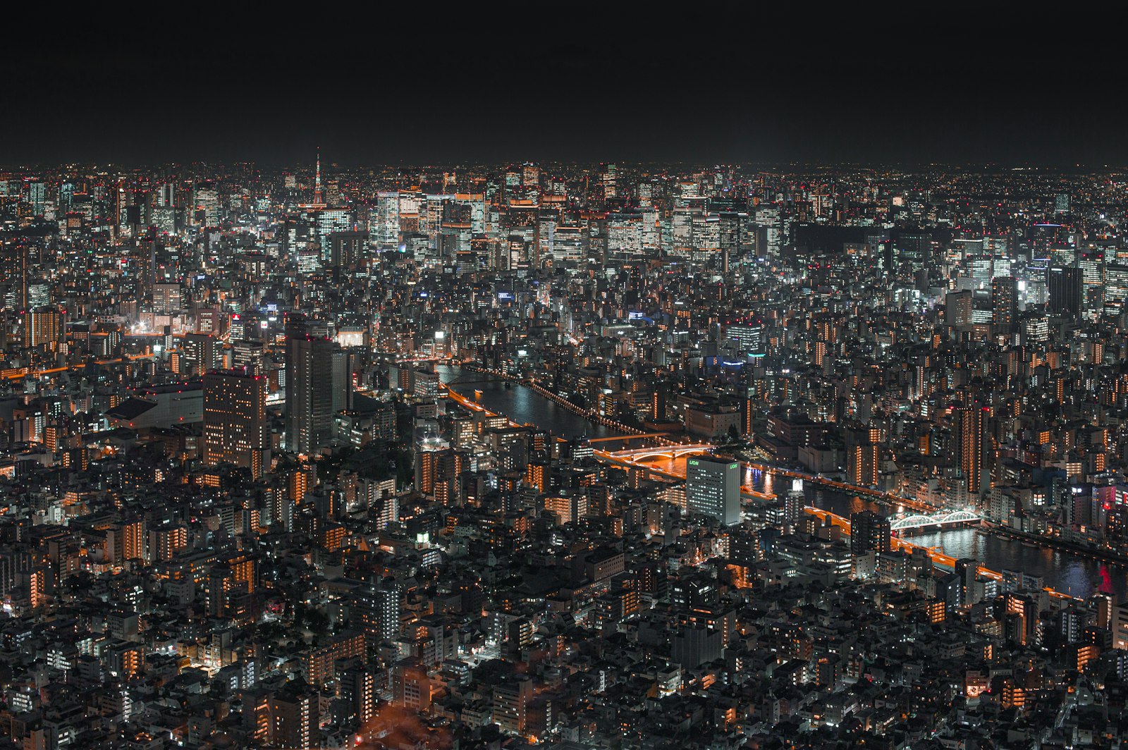 The night view of central Tokyo from Tokyo Tower's observation deck, with lit streets stretching to the horizon