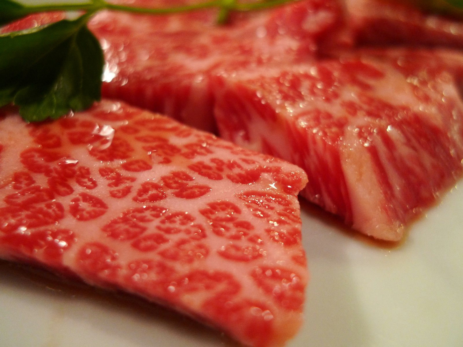 Thinly sliced A5 wagyu beef with dense marbling, served at one of Tokyo's wagyu restaurants