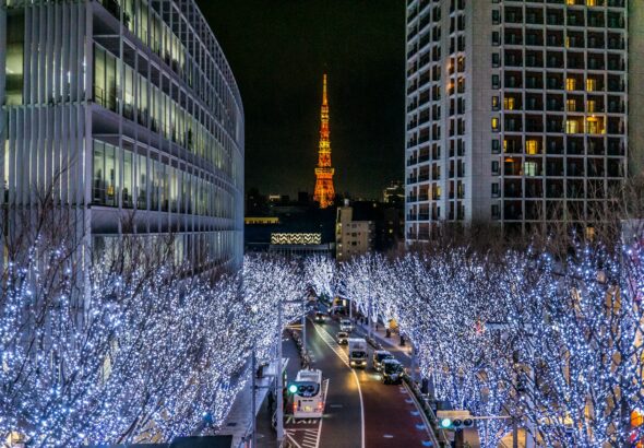 Champagne-gold tree lights along a Tokyo avenue during the Tokyo winter illumination 2026 season